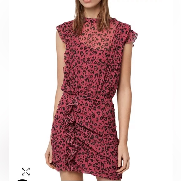 All Saints Dresses & Skirts - All Saints Hali Roar Ruched Leopard Print Mini Dress - Pink & Black - Size 4